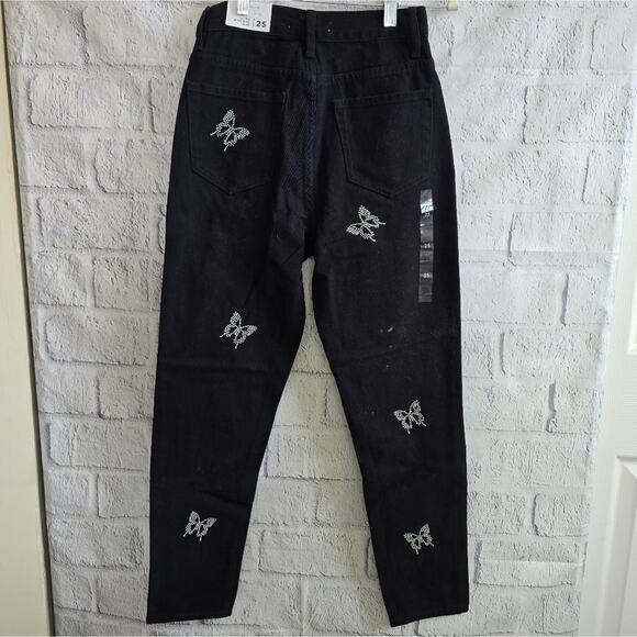 PacSun Women's Black Butterfly Bedazzled High Rise Slim Button Fly Jeans NWT 25 - Picture 2 of 15